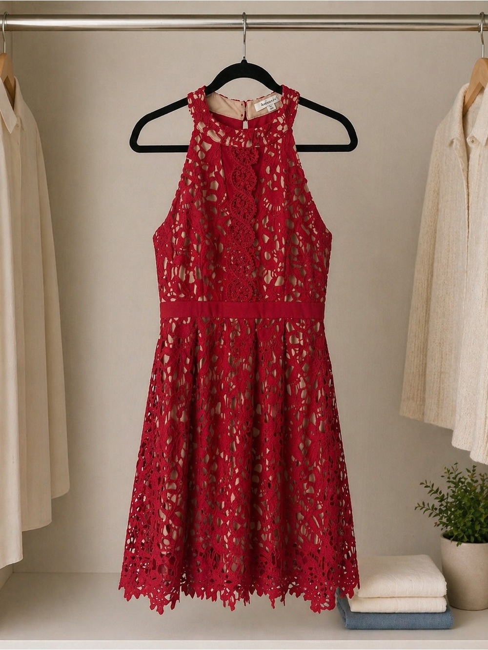 Francesca’s Red Lace Halter Dress Midi Fit & Flare Size M